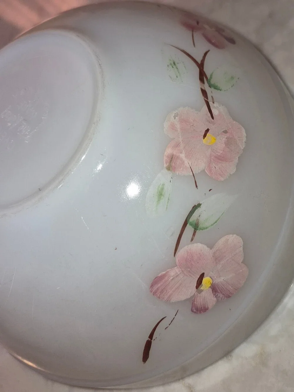 Vintage Fire King Milk Glass Bowl w/Painted Pink Floral Design 7 1/4